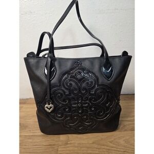 BRIGHTON CASABLANCA STARLA TOTE BLACK COATED CANVAS LEATHER MEDALLION TASSELED